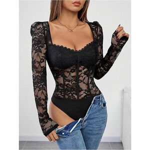 Whismigoth Lace Floral Mesh Bodysuit Rave Festival Sheer Long Sleeve Size Medium